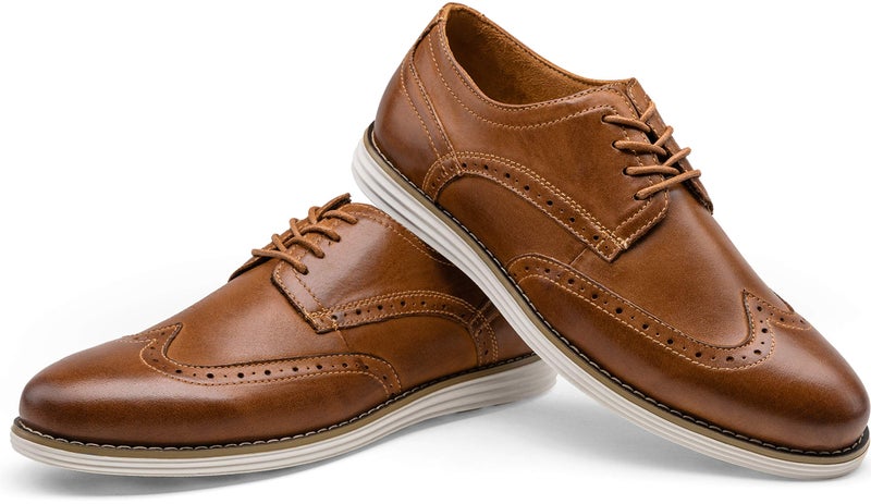 Vostey Men's Leather Oxford Dress Shoes - Brown Wingtip Casual Shoes (BMY629 Yellow Brown 13) - Image 4